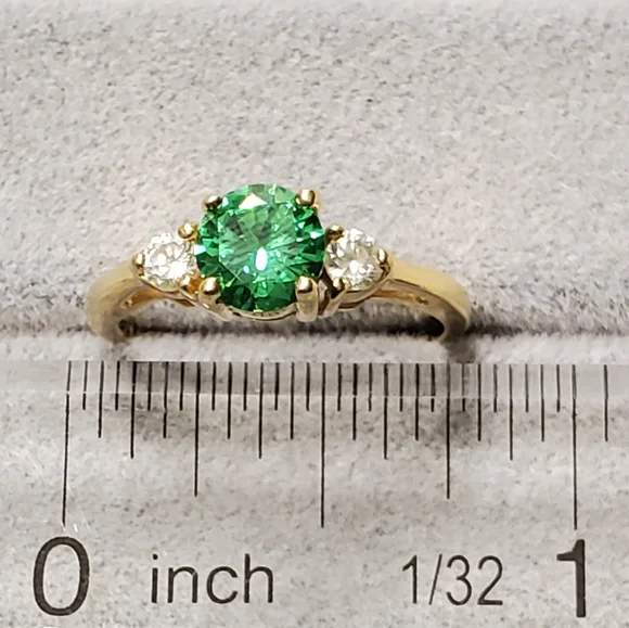 14k Solid Yellow Gold Round Brilliant Cut Green Emerald & Diamond Ring - Picture 10 of 12